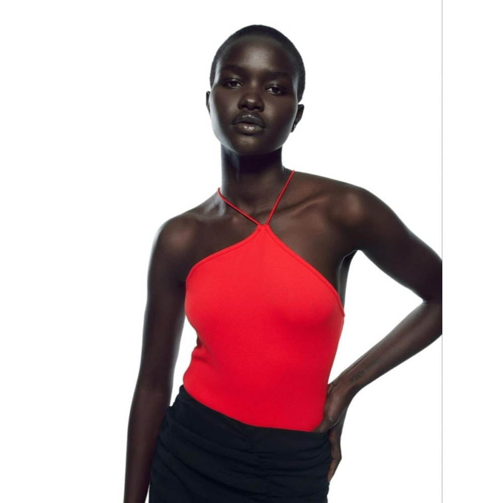 Zara Vibrant Red Ribbed Halter Bodysuit